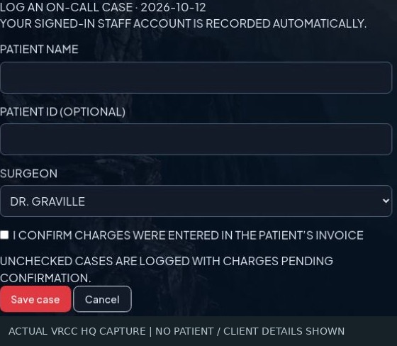 Actual on-call case form with optional patient ID, surgeon selection and charge confirmation. Empty form; no case submitted.