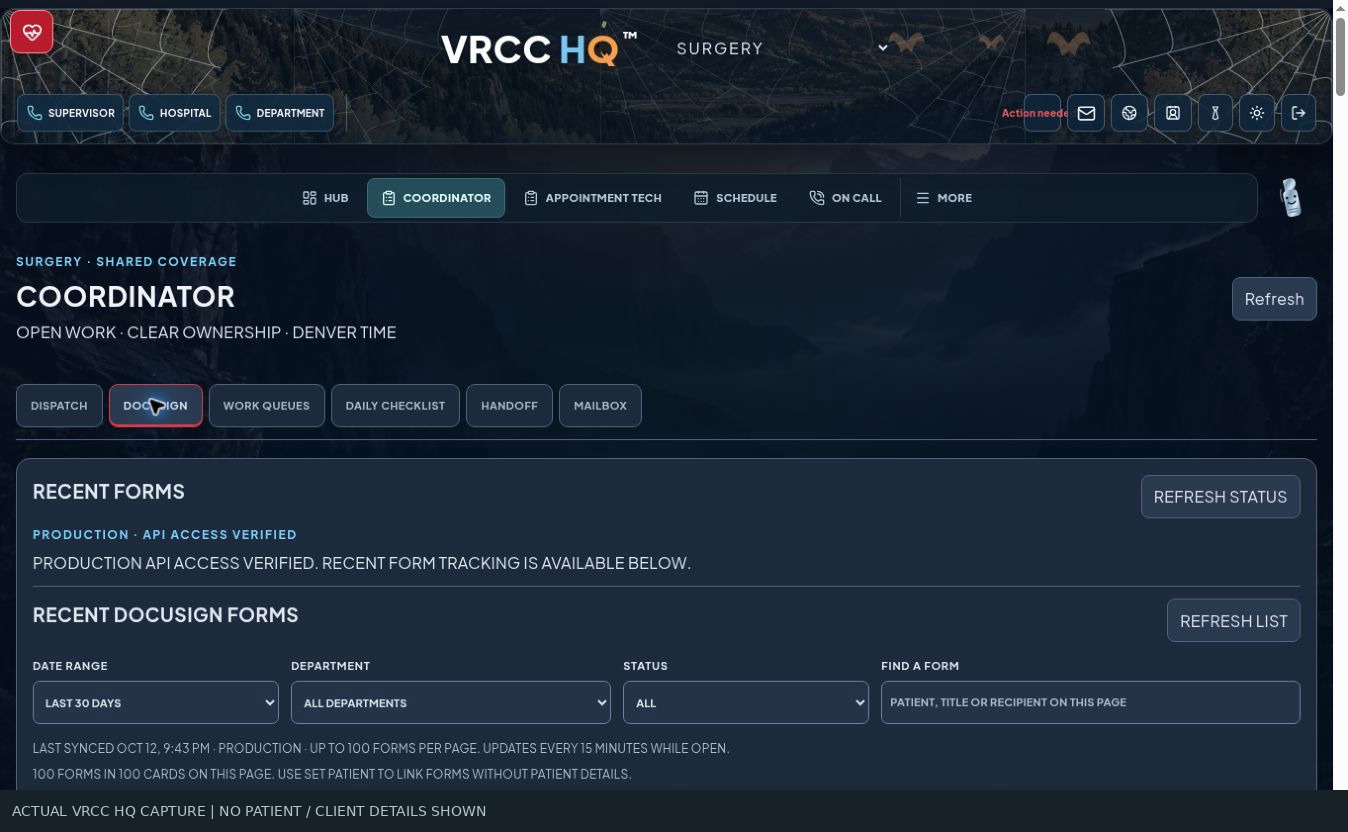 Production connection status and actual DocuSign date, department, status and search filters. Capture excludes recipient cards and signed documents.